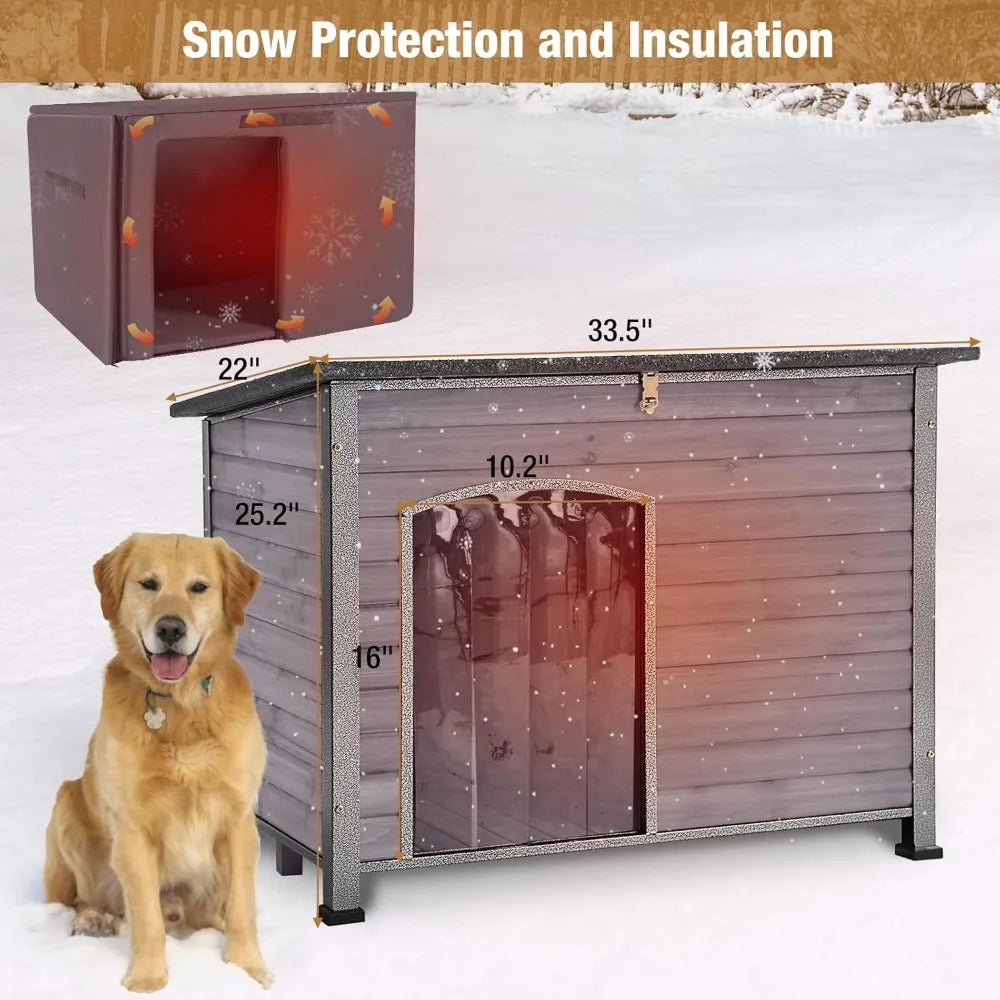 Winter, Outdoor Dog Kennel with Insulated Liner, Heater Puppy Shelter with Anti-Bite Iron Frame