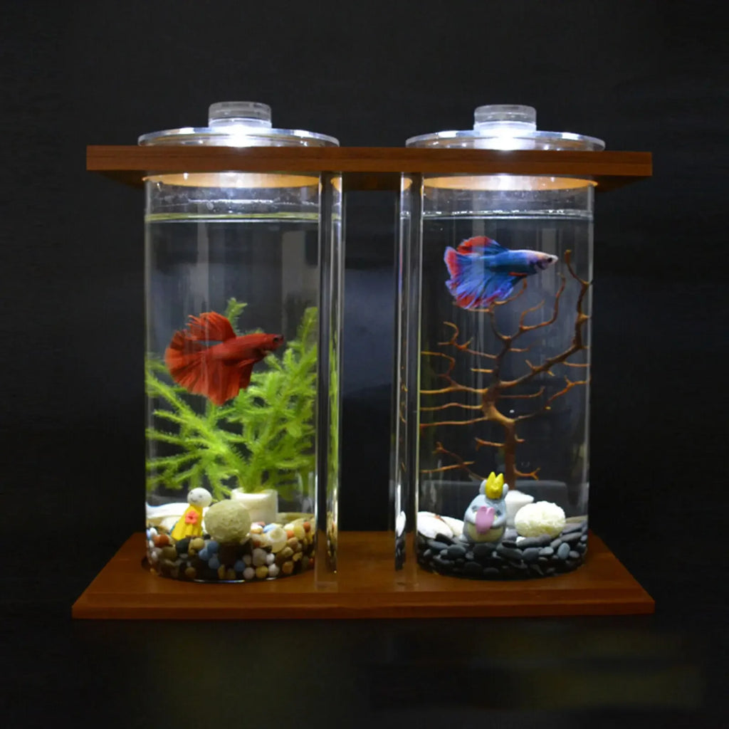 Glass Betta Fish Tank with LED Light Bamboo Base Mini Aquarium Set for Desktop Home Office Decoration 2 Tanks