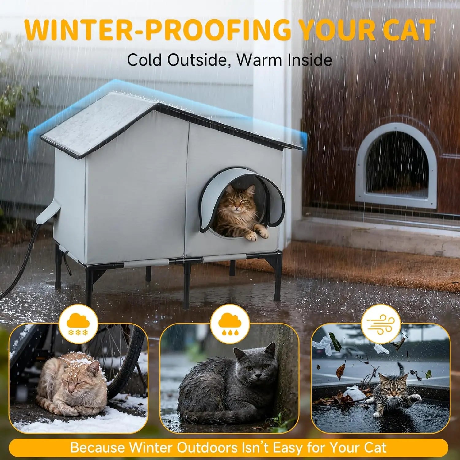 Heated Waterproof Cat House with Insulation for Outdoor Winter Shelter, Durable
