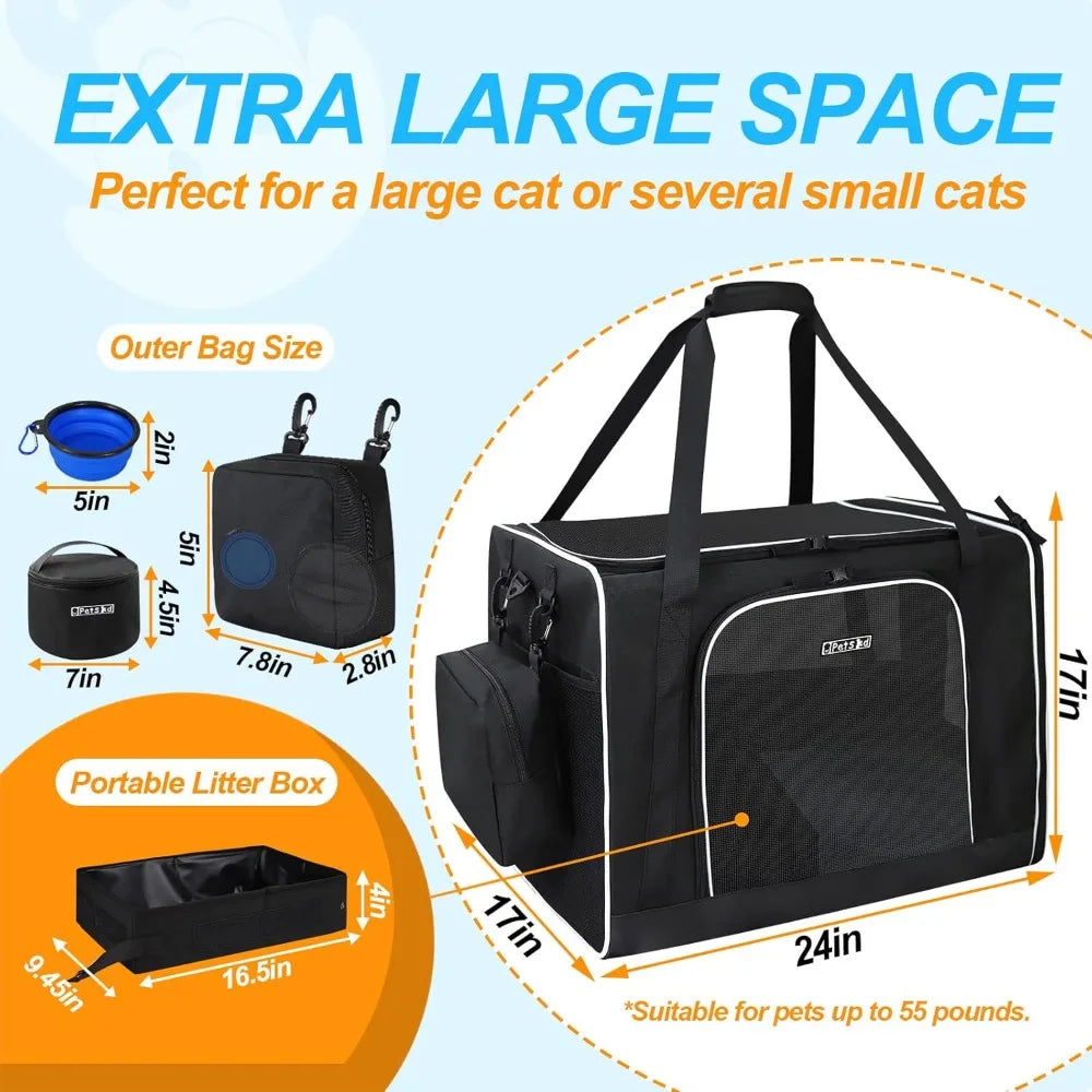 Petskd Extra Large Cat Carrier with Litter Box 24x17x17 for Medium Large Cat or 2 Small Cats, Collapsible Soft Sided