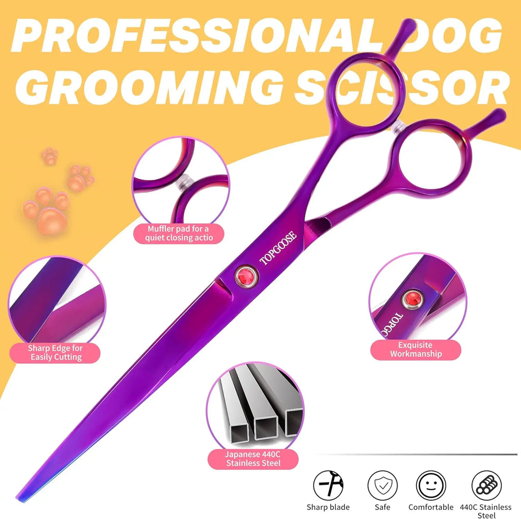 Scissors Kit, 6-in-1 Professional Set with Straight, Thinning, Curved Shears & Comb for Dogs and Cats (Purple)