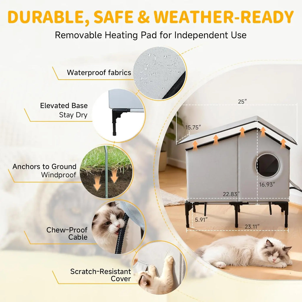 Heated Waterproof Cat House with Insulation for Outdoor Winter Shelter, Durable