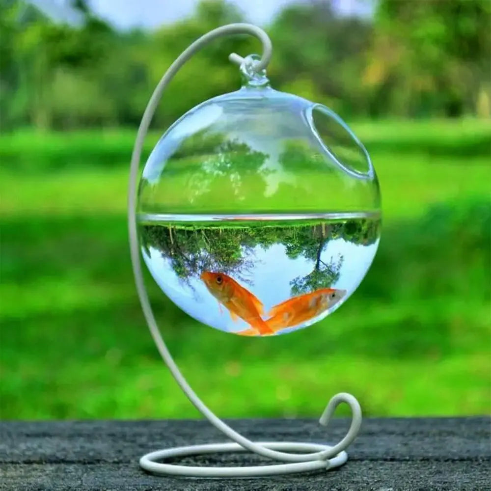 Round/Rectangle Shape Hanging Glass Aquarium Fish Tank Fish Bowl Transparent Vase Ornament With Rack Holder