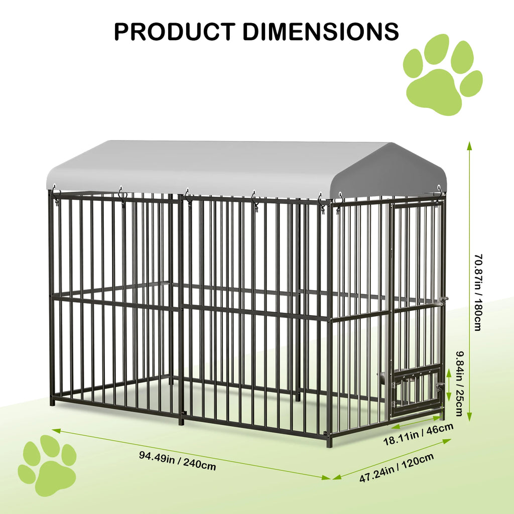 Heavy Duty Outdoor Dog Kennel with Roof Large 8x4x6FT Galvanized Metal with Secure Lock UV Water-Resistant Black Cover