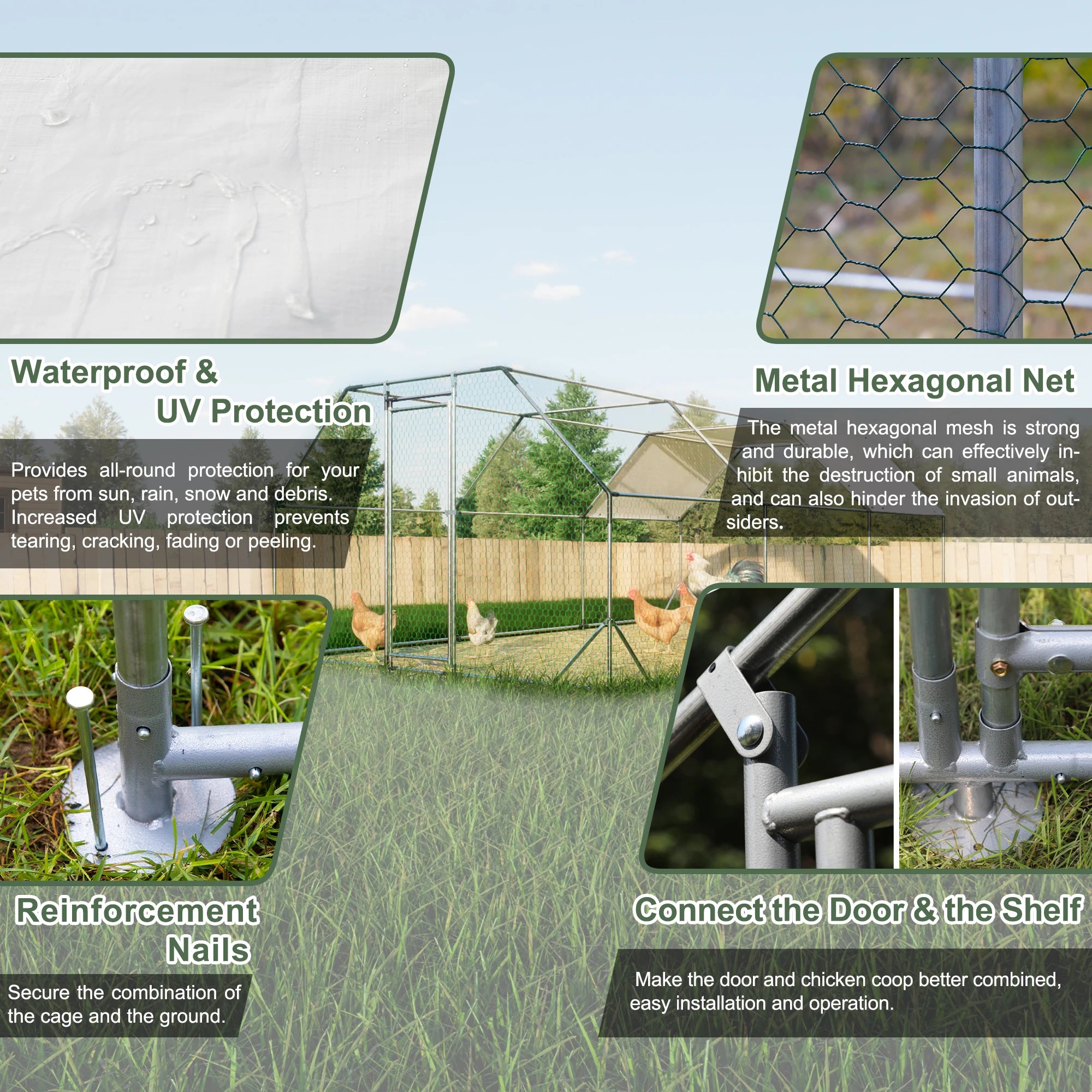 Large Metal Chicken Coop Chicken Run With Waterproof Cover Outdoor Walk-in Poultry Enclosure Pen For Yard Farm