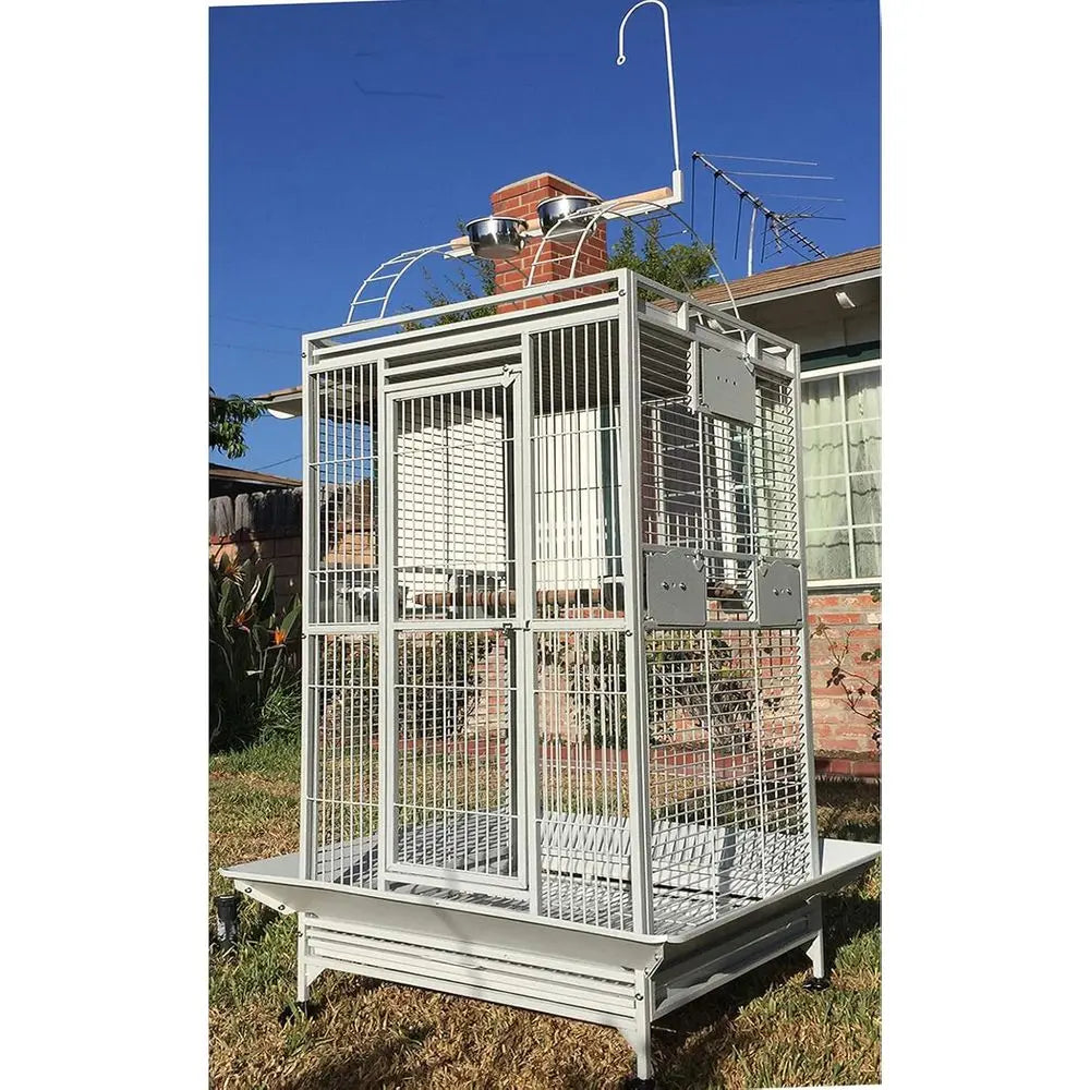 Large Deluxe Wrought Iron Bird Cage with Rolling Stand for Parrots, Cockatiels, and Conures (28 x 22 x 65, White)