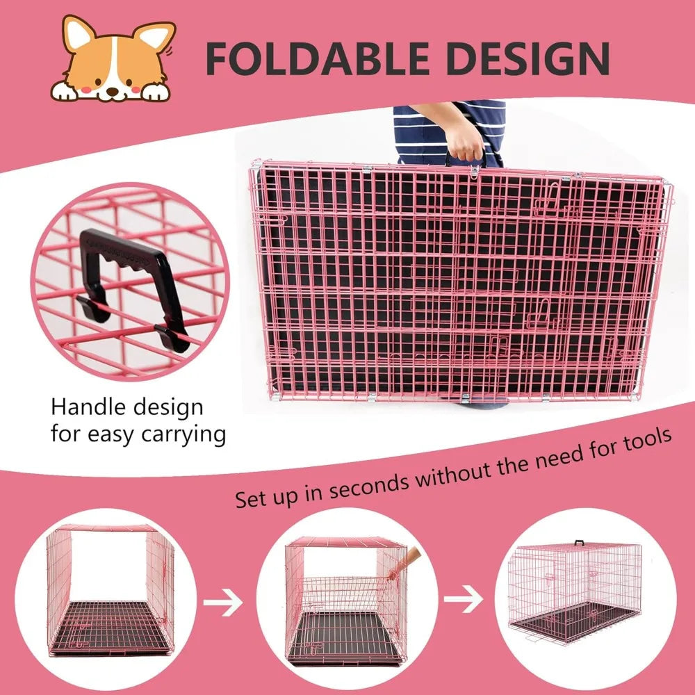 Extra Large Dog Crate with Double Door, 48 Inch Folding Metal Wire Cage, Removable Tray