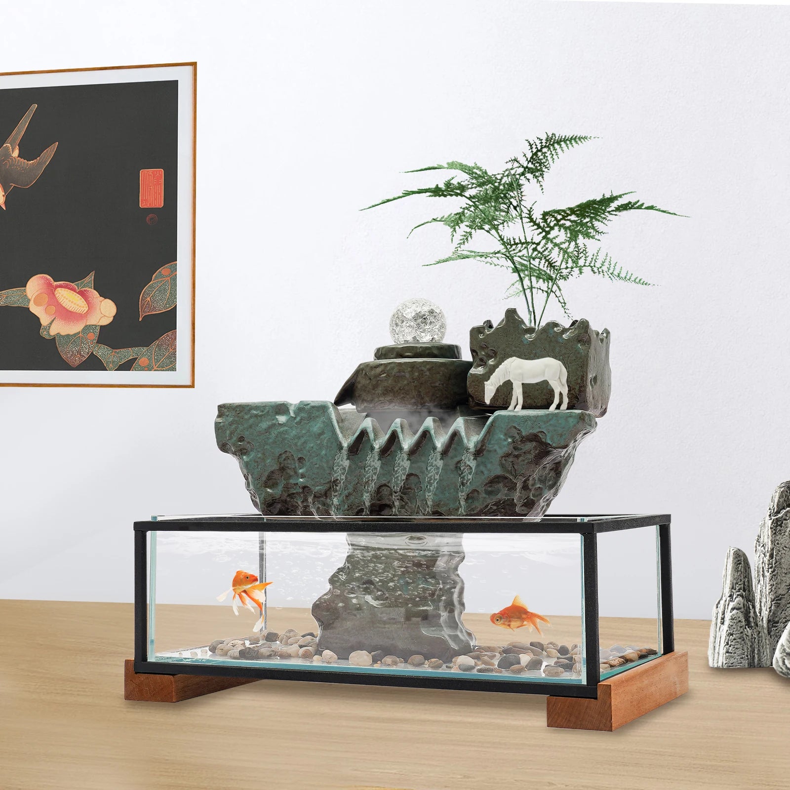 Clear Tabletop Eco Fish Tank Water Fountains,Rectangular Indoor Water Fall Decor for Meditation with Mist