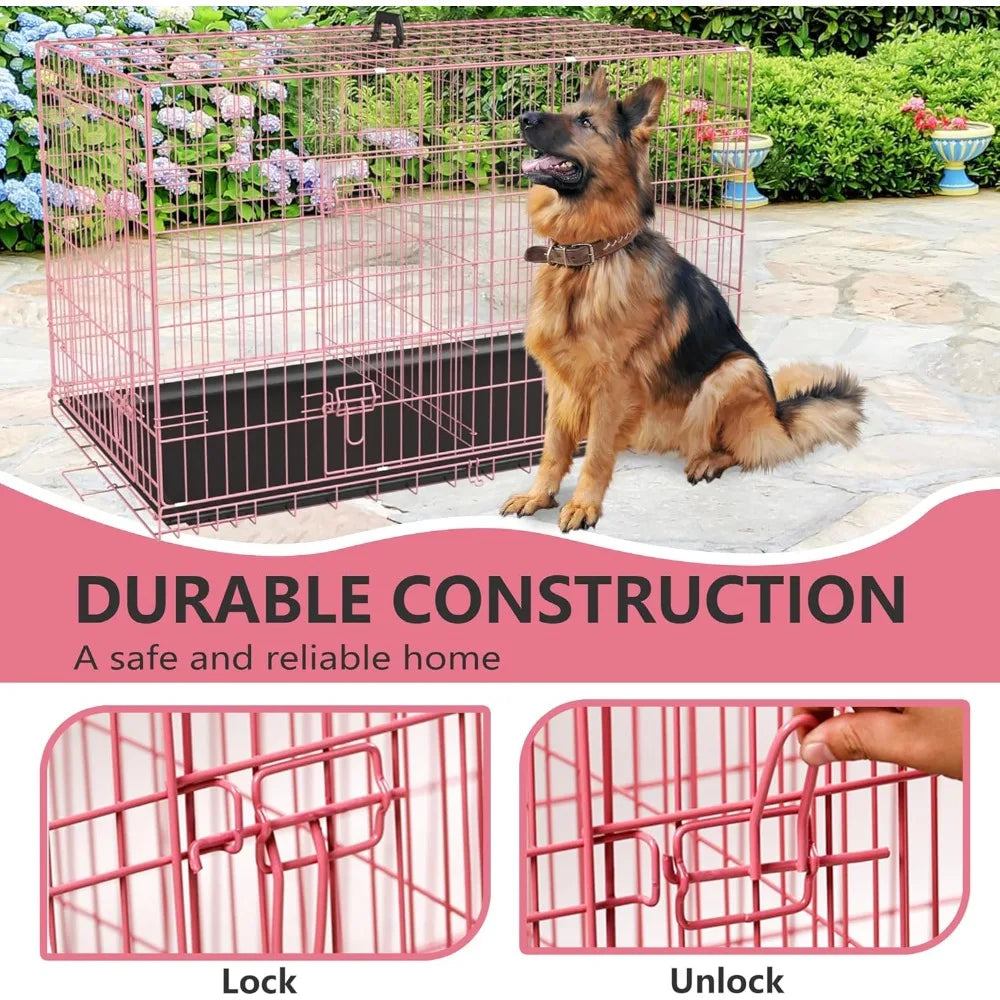 Extra Large Dog Crate with Double Door, 48 Inch Folding Metal Wire Cage, Removable Tray