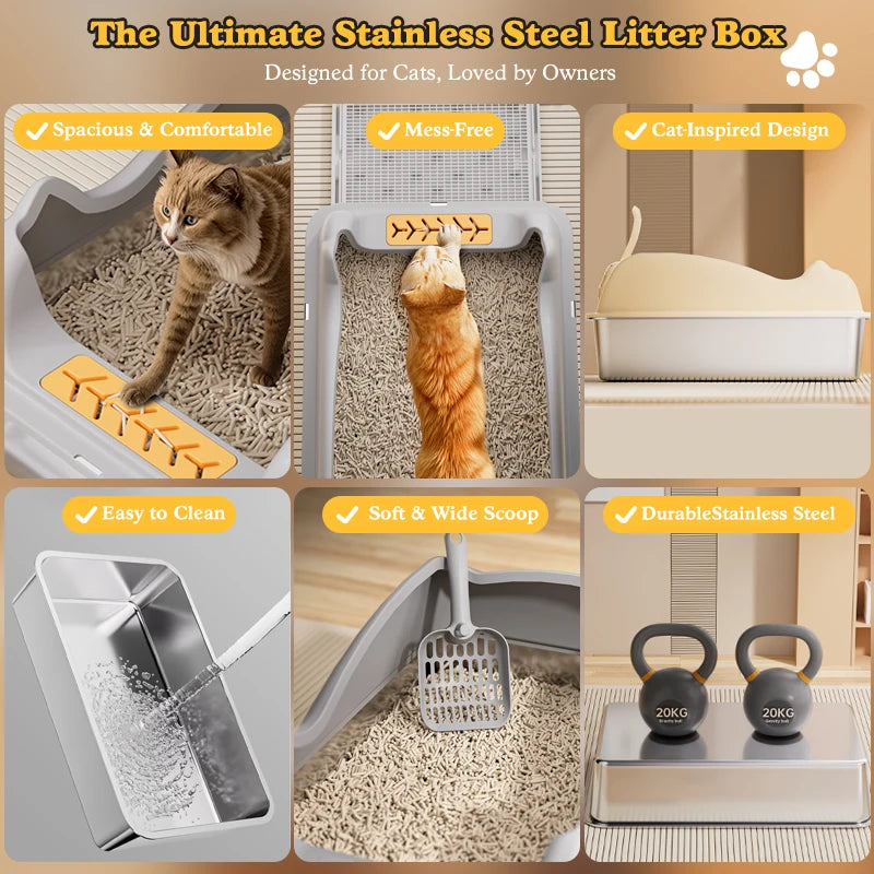 Stainless Steel Cat Litter Box With Lid Never Absorbs Odors, Non-Sticky, Easy Clean, Anti-Urine Leakage