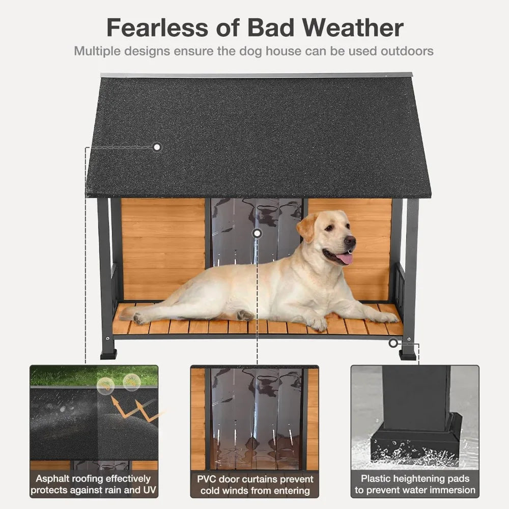 Outdoor Weatherproof Dog House, Easy to Assemble Puppy Shelter with All-Around Iron Frame & Fir Wood, Ideal for Large Dog