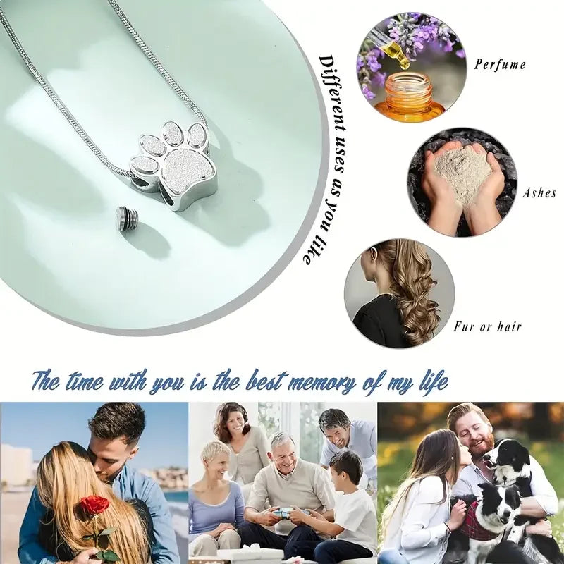 Stainless Steel Openable Paw Print Pet Ashes Urn Necklace Memorial Keepsake Jewelry