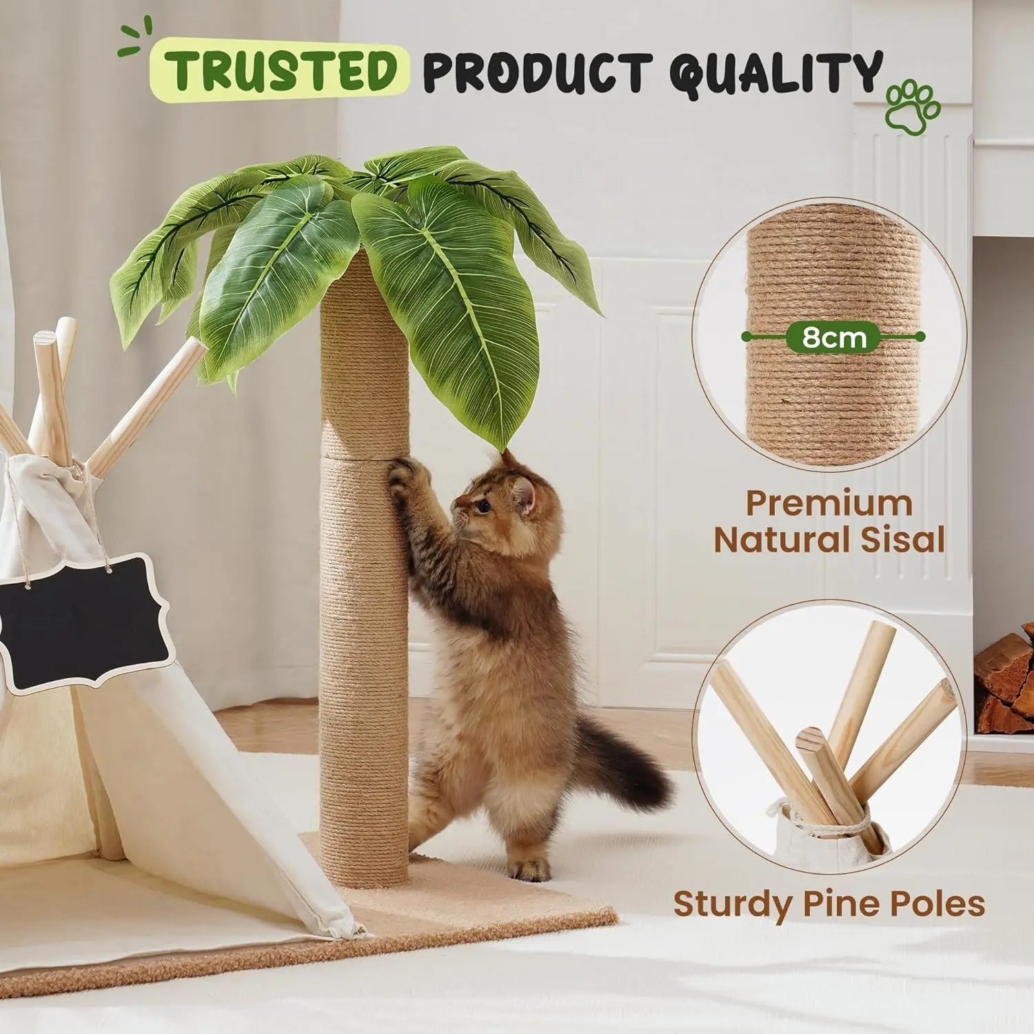 MEWOOFUN Cats Scratching Post Teepee Cat Tree with Simulated Leaves 60cm Tall