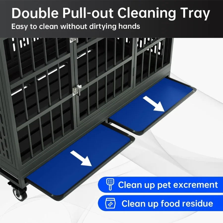 48 Inch Heavy Duty Dog Crate with Wheels Folding Metal Cage for Large and Medium Dogs Extra Large XL XXL Indestructible
