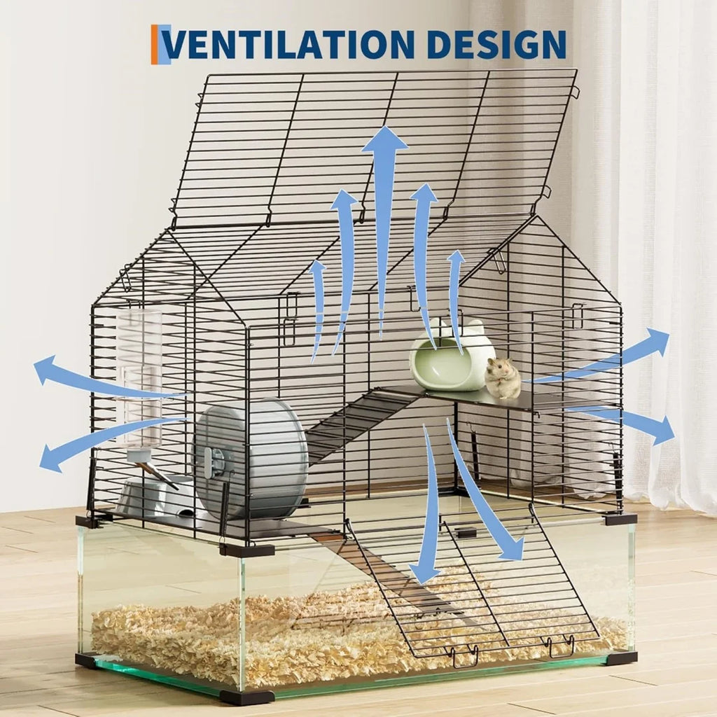 3 Tiers Large Hamster Enclosure, Metal Enclosure + Glass Gerbil Cages, Small Animal Cages for Guinea Pigs Chinchilla