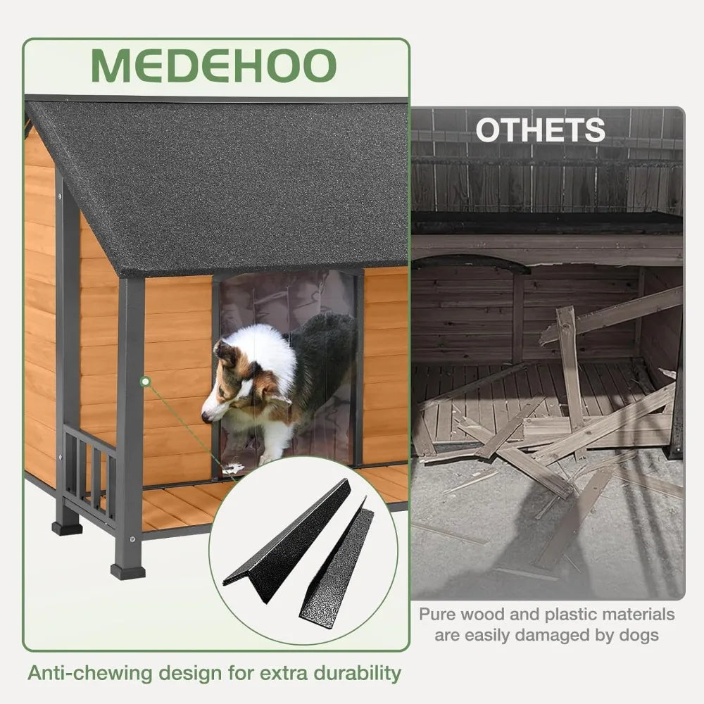 Outdoor Weatherproof Dog House, Easy to Assemble Puppy Shelter with All-Around Iron Frame & Fir Wood, Ideal for Large Dog