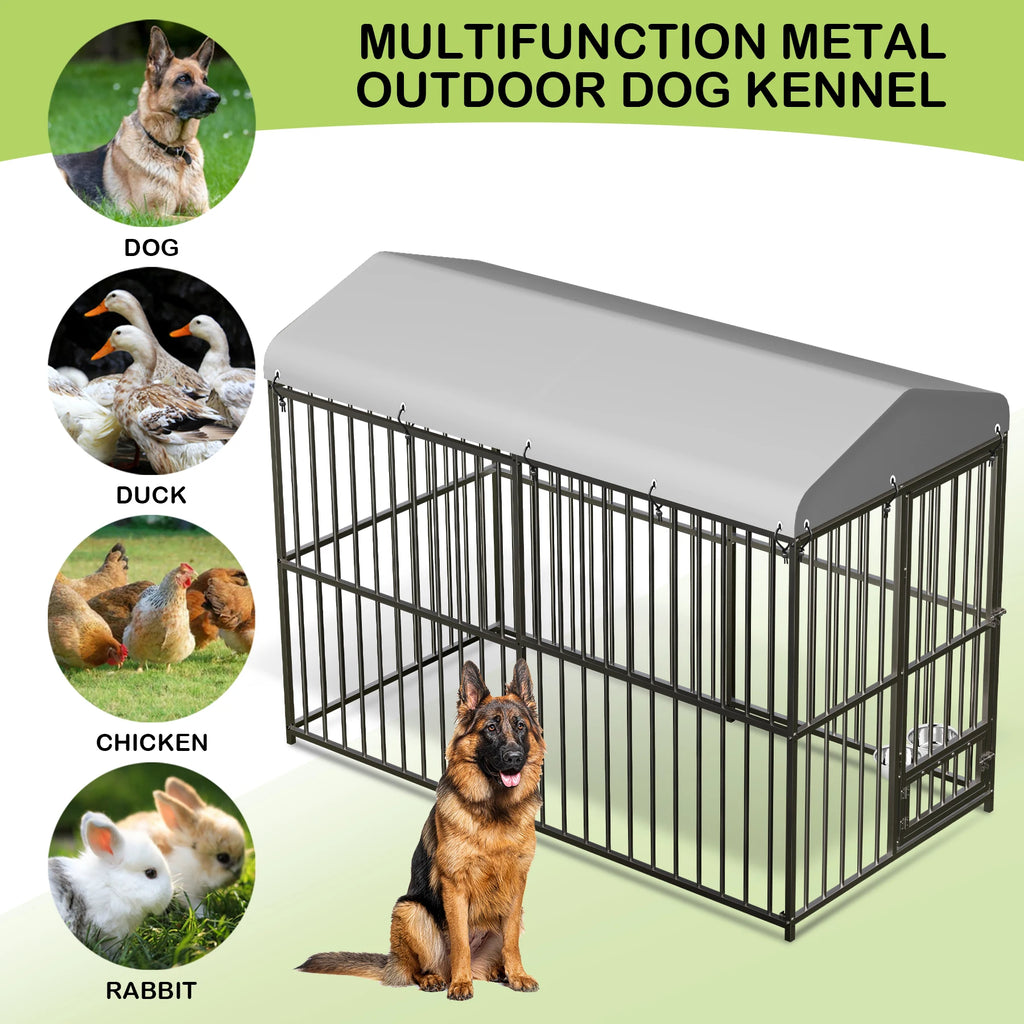 Heavy Duty Outdoor Dog Kennel with Roof Large 8x4x6FT Galvanized Metal with Secure Lock UV Water-Resistant Black Cover