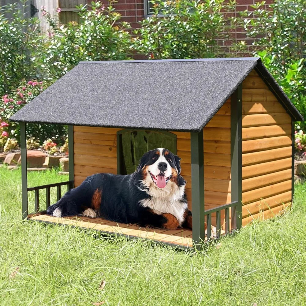 Outdoor Weatherproof Dog House, Easy to Assemble Puppy Shelter with All-Around Iron Frame & Fir Wood, Ideal for Large Dog