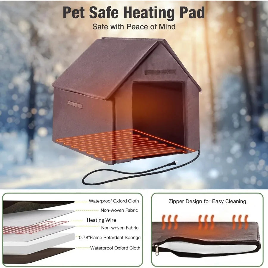 Heated Dog House Outdoor with Heating Pad Weatherproof Large Dog Kennel with Anti-Chewing Iron Frame