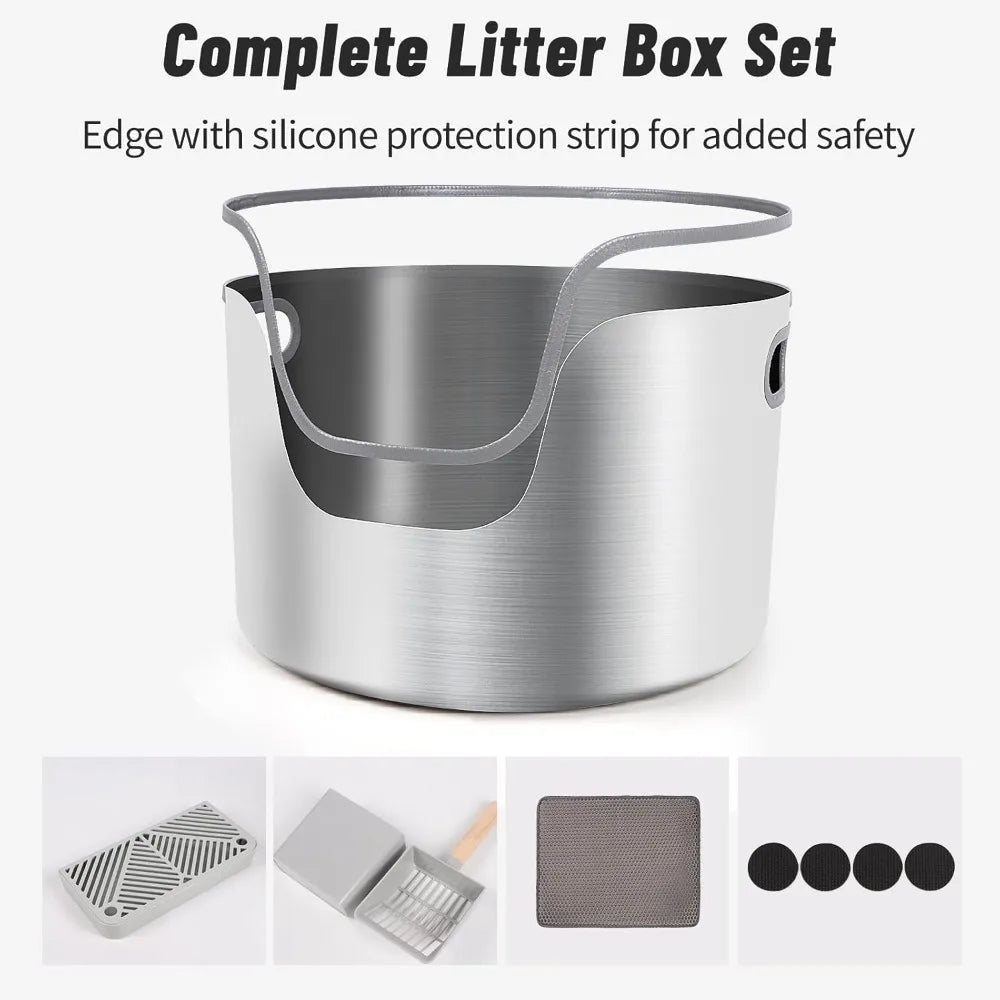 High-Sided Stainless Steel Cat Litter Box with Scoop, Filter Pedal, and Litter Mat for Easy Clean-Up