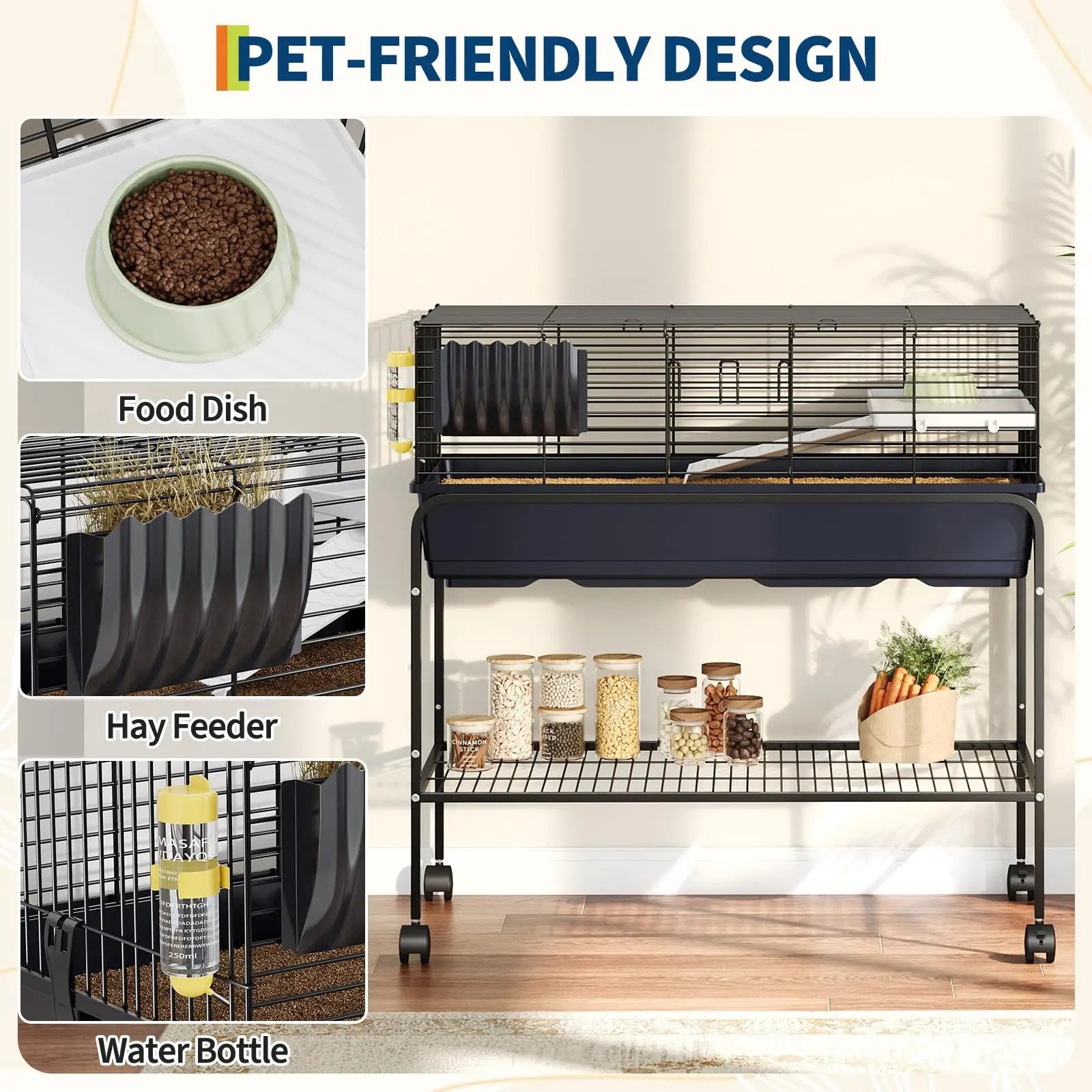 35.3"H Kit With Removable Storage Shelf 3Pcs Accessories Portable Small Animal Cage