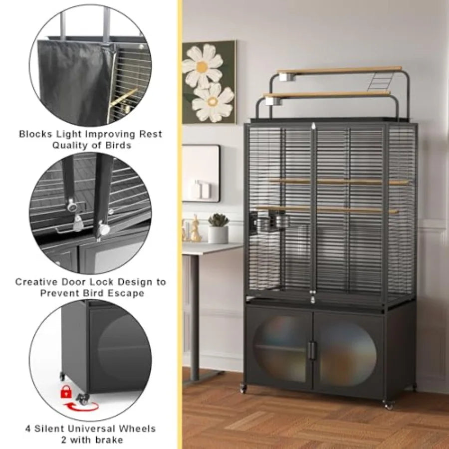 72-Inch Large Bird Cage with Play Top and Rolling Storage Cabinet Extra Spacious Covered Aviary Suitable for Parrots Cockatiels