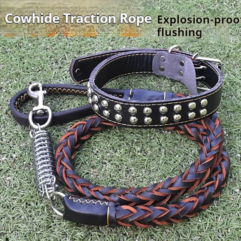 5-Foot Genuine Dog Leash with Cowhide Collar - Dog Walking Rope for Medium & Large Dogs