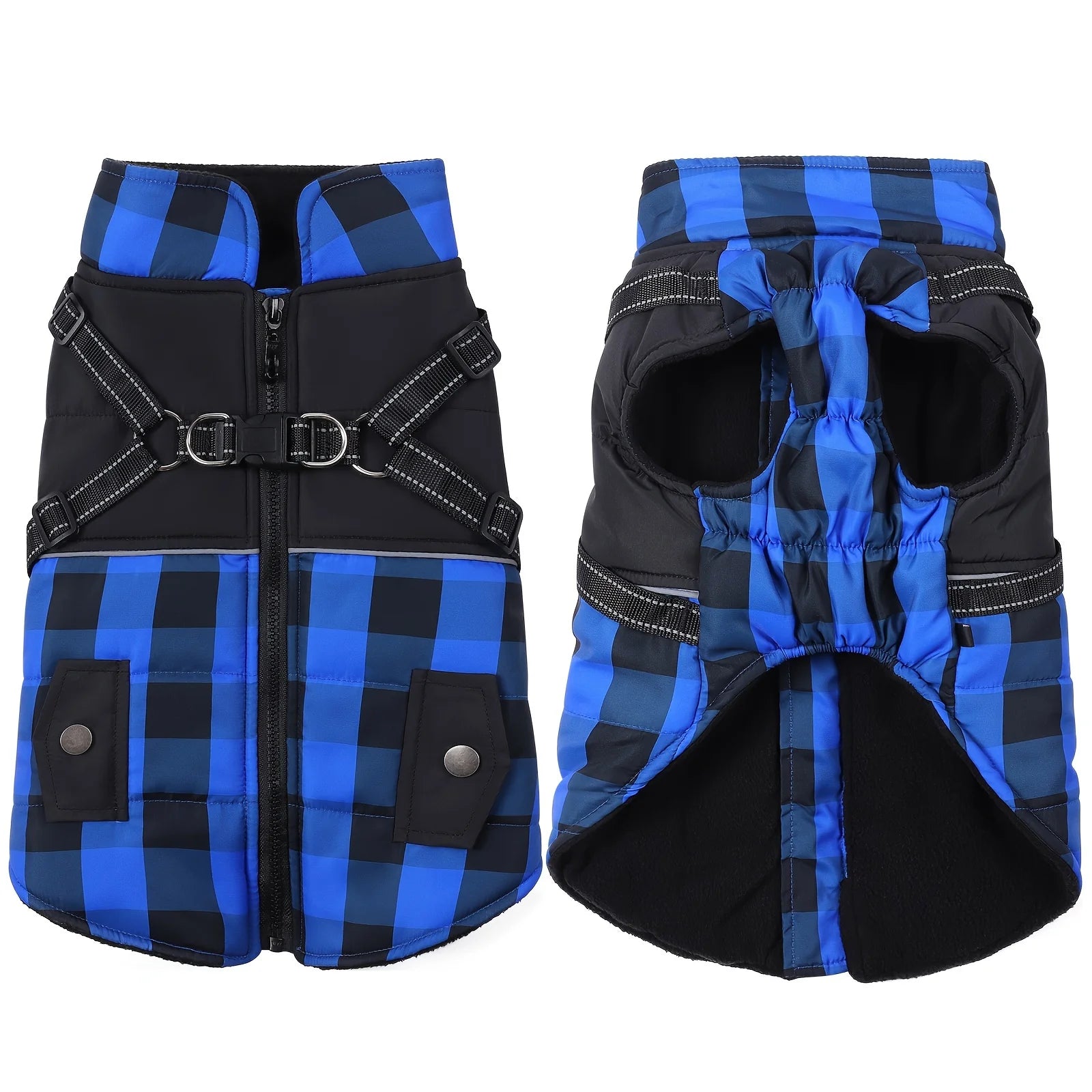 Plaid Thicken Padded Pet Dog Jacket With Harness For Cold Weather Windproof Winter Dog Jacket Coat