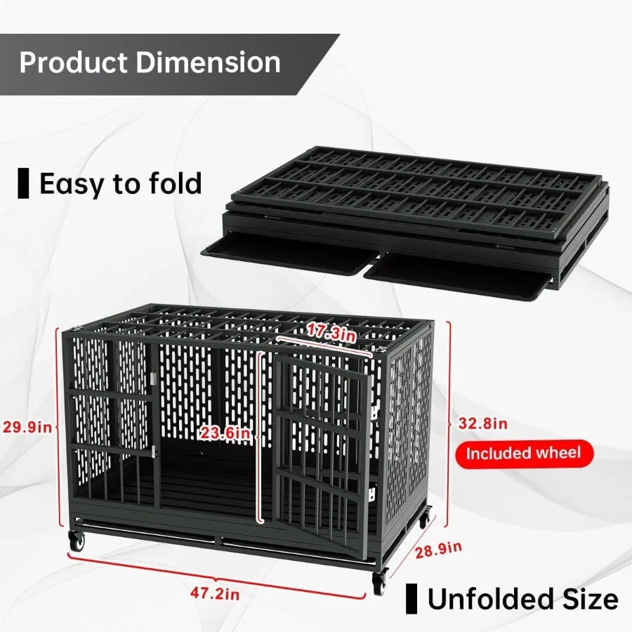 48 Inch Heavy Duty Dog Crate with Wheels Folding Metal Cage for Large and Medium Dogs Extra Large XL XXL Indestructible