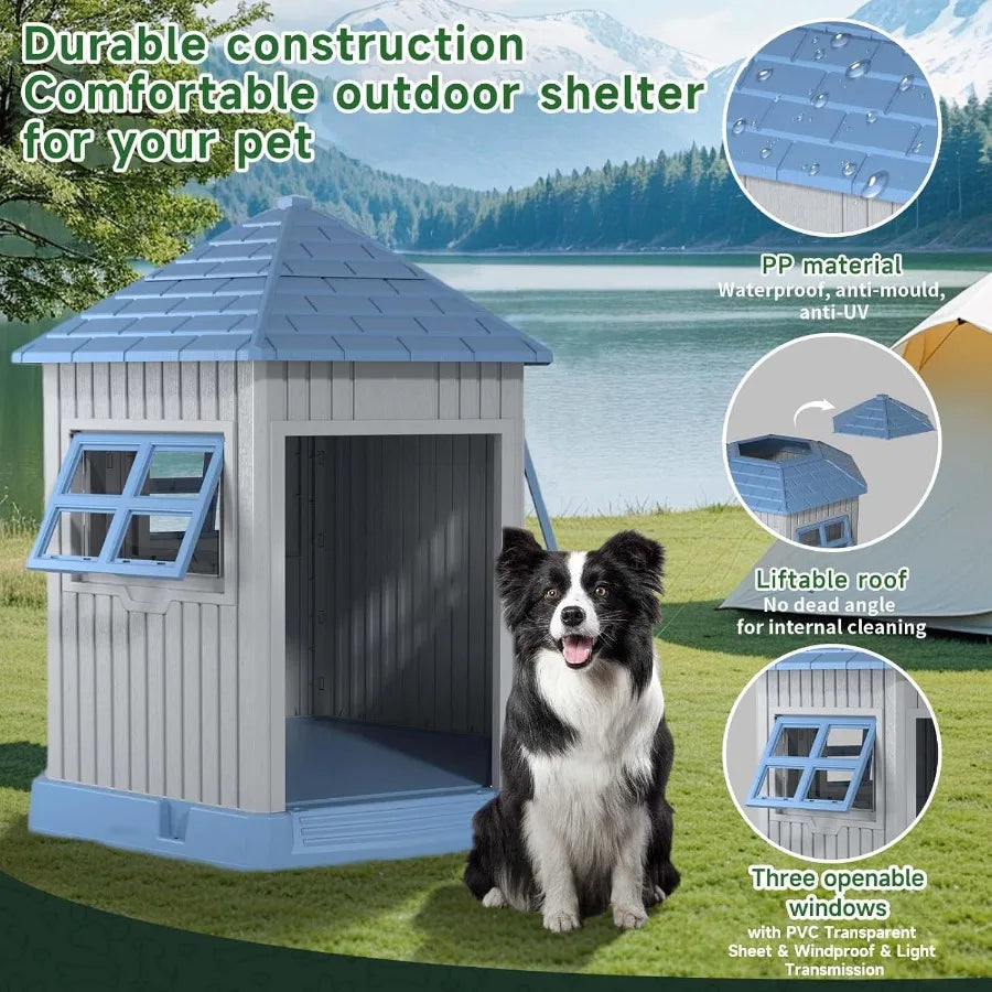 Dog House Outdoor Resin Puppy Shelter with Air Vents and Elevated Floor Sturdy Durable Waterproof Dog Kennel
