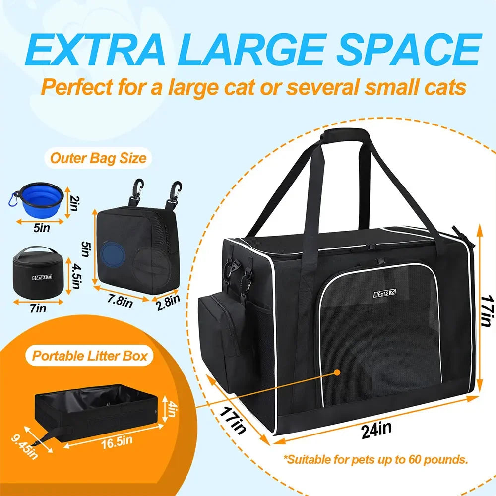 Large Cat Carrier with Litter Box and Cat Dog Bowl  for 2 Cats or Medium Dog for Travel