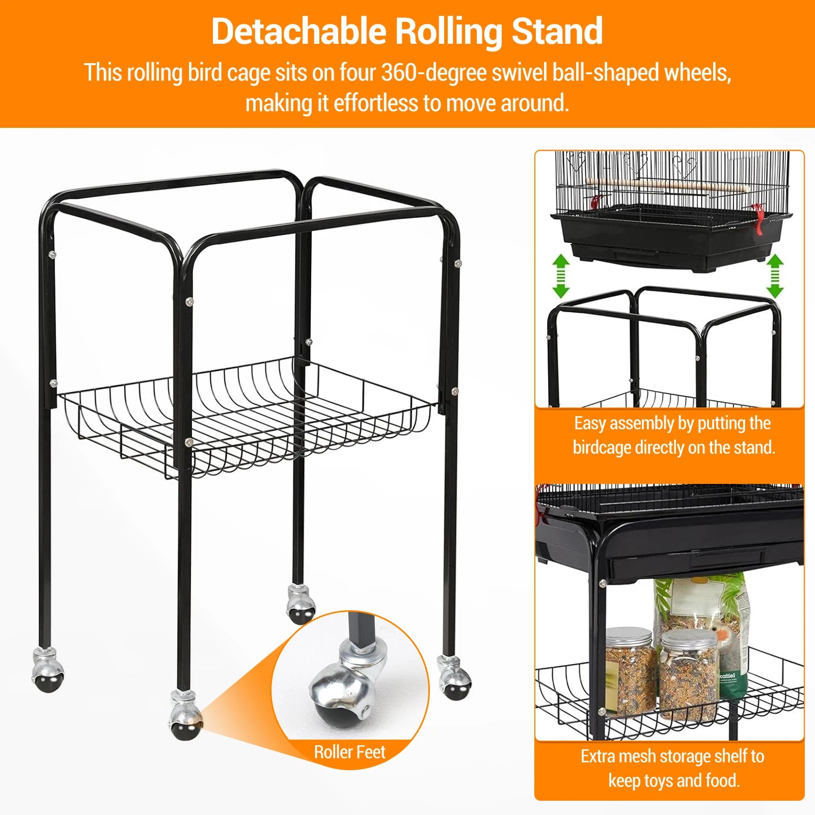 162cm Large Bird Cage with Open Play Rooftop Rolling Stand Slide-out Tray Storage Shelf