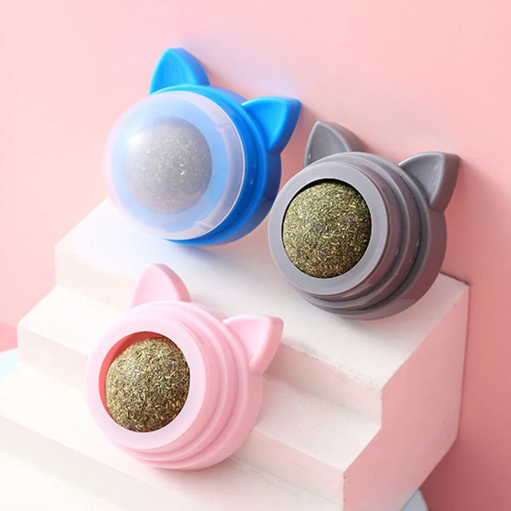 Rotatable Cat Cleaning Toy Self-Adhesive Catnip Wall Balls for Cats Teeth Cleaning