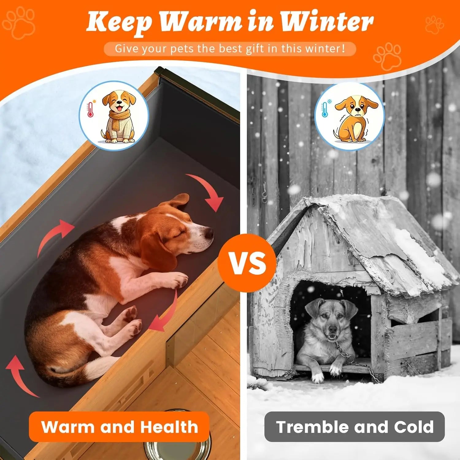 Dog House with Insulated Liner and Dog Bowls Stand, Large Heated Outdoor Dog Kennel Keep Warm in Winter