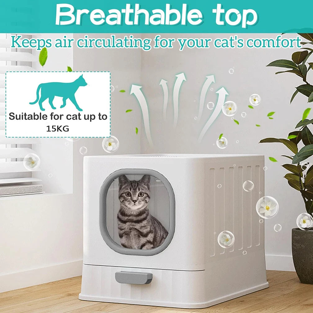 Leak-proof Enclosed Cat Litter Box Pull Drawer Kitten Training Toilet with Scoop and Lid