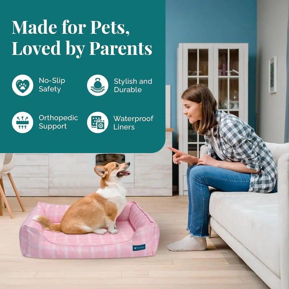 Eco-Friendly Orthopedic Bolster Dog Bed - Recycled Polyester, Washable Cover, Anti-Slip, Medium Pink