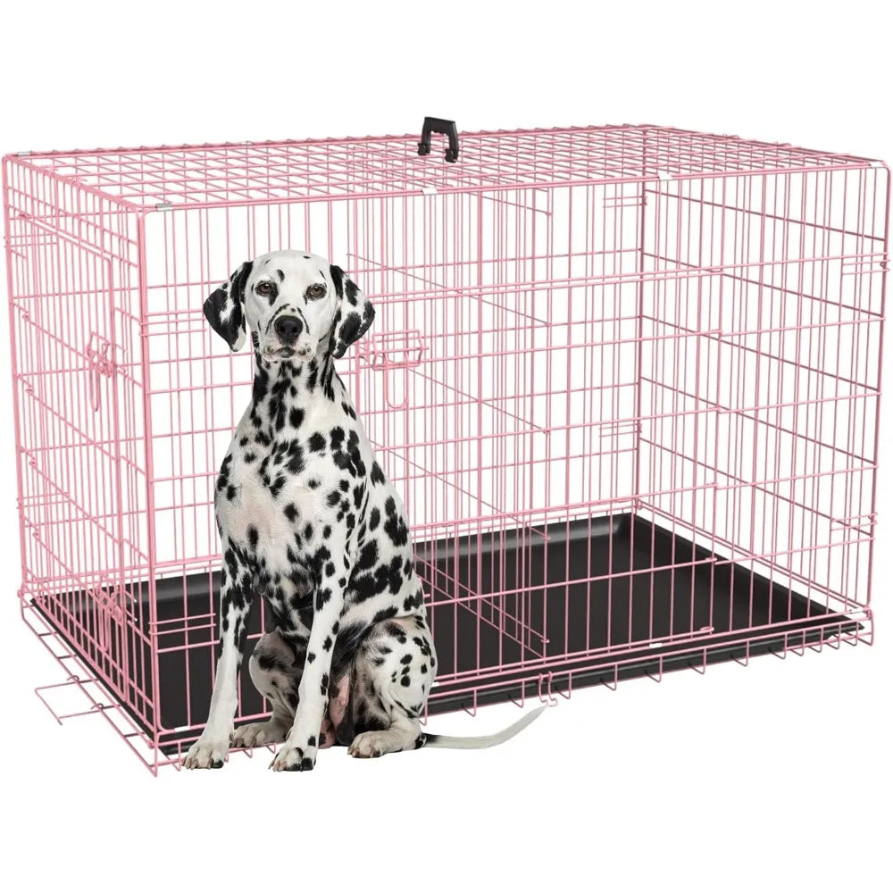 Extra Large Dog Crate with Double Door, 48 Inch Folding Metal Wire Cage, Removable Tray