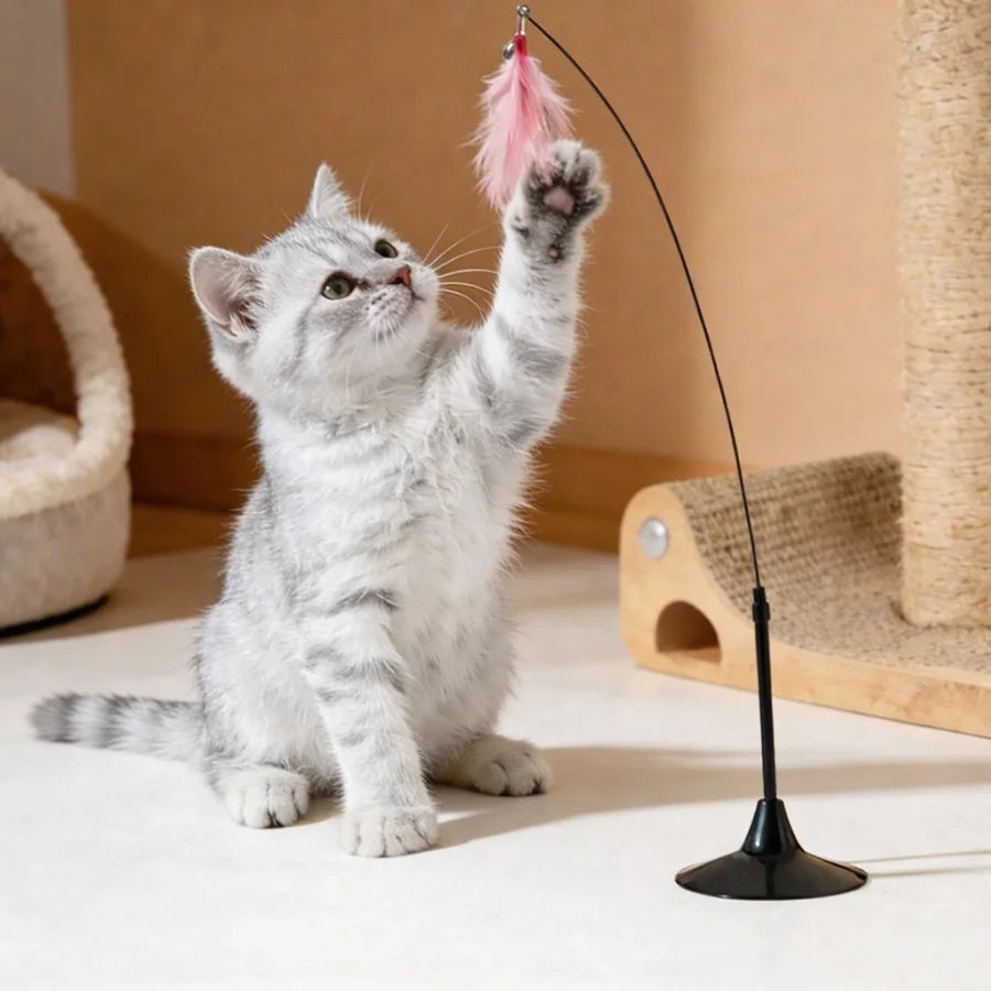 Interactive Cat Teaser Stick Bell Extended Rod Strong Suction Cup Durable Bite-Resistant Hands-Free Kitten Indoor Play Toy
