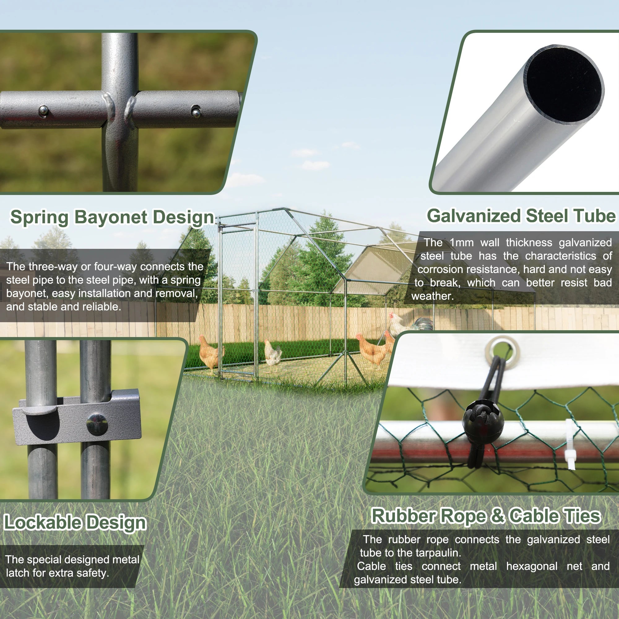 Large Metal Chicken Coop Chicken Run With Waterproof Cover Outdoor Walk-in Poultry Enclosure Pen For Yard Farm