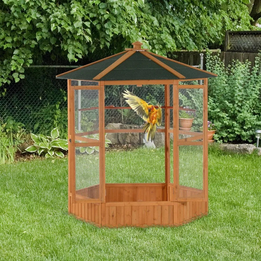 69 Large Wooden Hexagonal Outdoor Aviary Flight Bird Cage with Covered Roof Ideal for Backyard Bird Enthusiasts