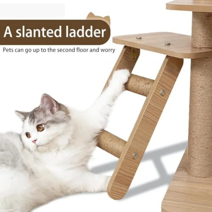 65-Inch Multi-Purpose Wooden Cat Tree Tower with Condo Design Featuring 13 Scratch Posts Padded Platform Bed