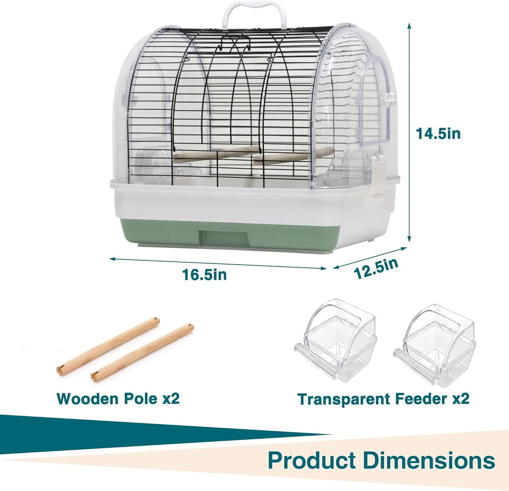 Portable Bird Cage Carrier, Travel Parrot Cage with 2 Perches, 2 Food Bowls and Tray Metal Parakeet Cages