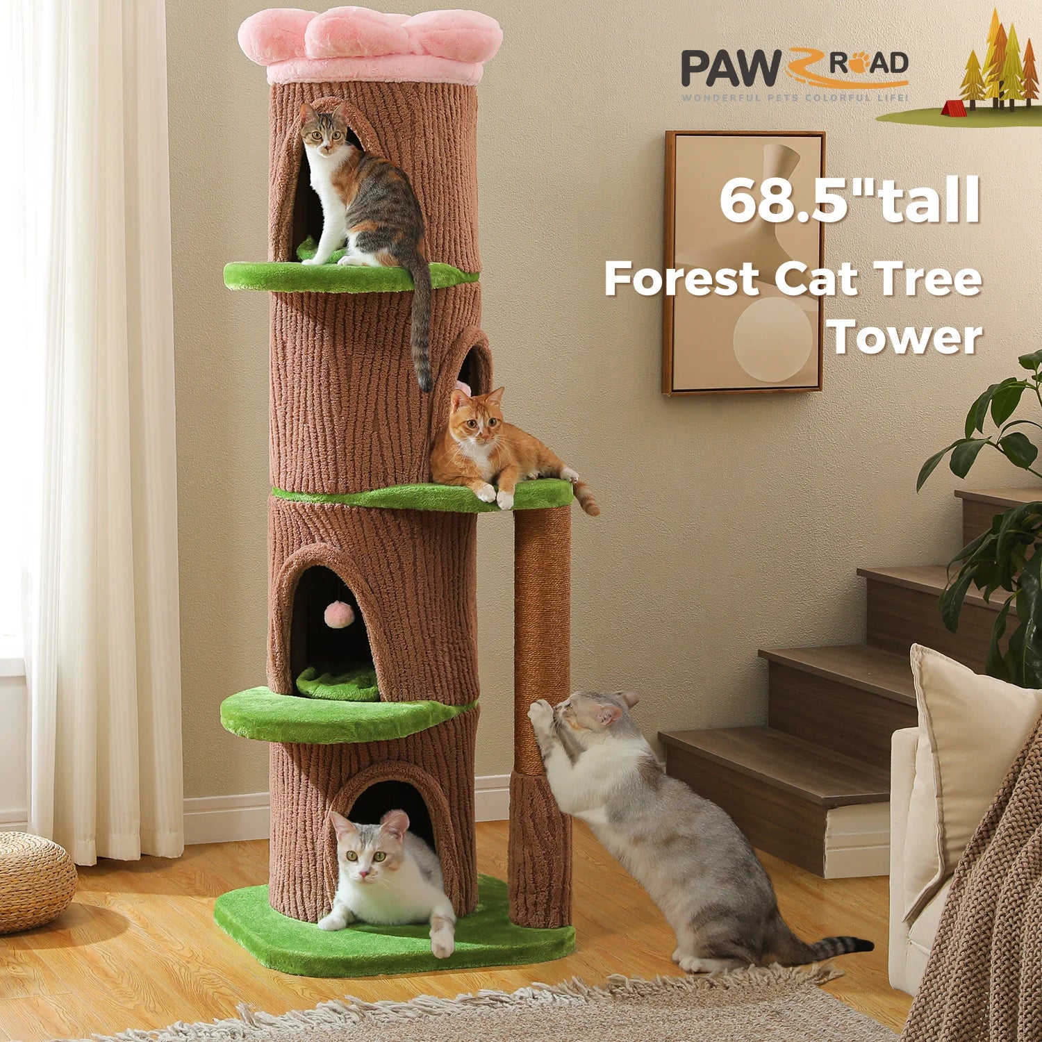 Tall Cat Tower Forest Cat Tree with Flower Top Perch,Thick Scratching Post,4 Cozy Condos Suitable for Large Heavy Cats