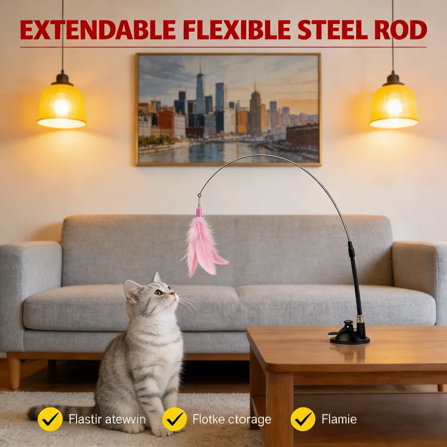 1 PC Interactive Suction Cup Cat Toys, Hands-Free Feather Wand with Bells, Floor-Stick Design Teaser Toys for Indoor Cats