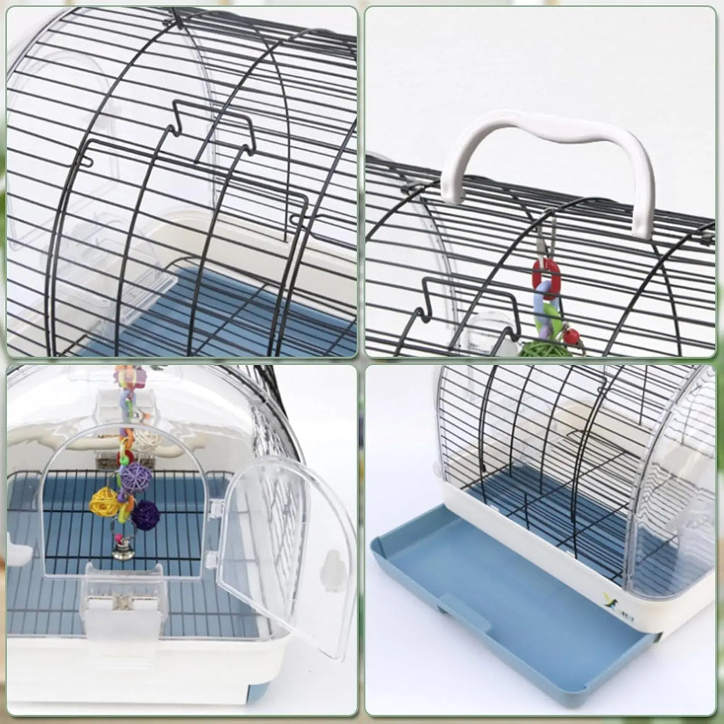 Portable Bird Cage Carrier, Travel Parrot Cage with 2 Perches, 2 Food Bowls and Tray Metal Parakeet Cages