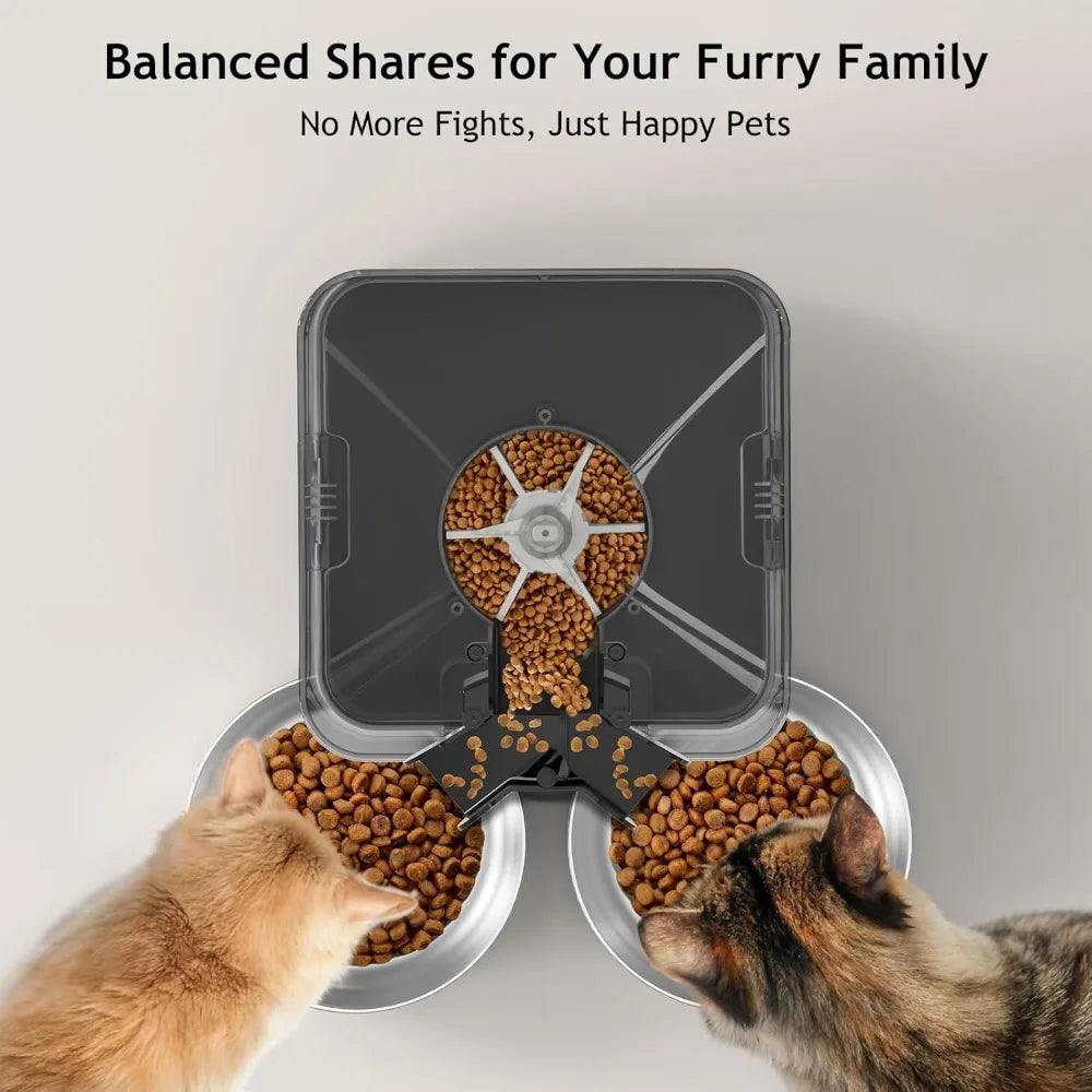 Automatic Cat Feeder for Two Cats, Double Pet Feeder with 2 Stainless Steel Bowls,6L Timed Feeders with Memory Function