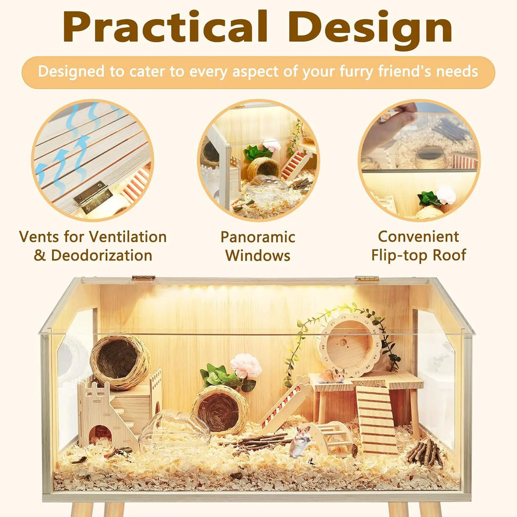 Spacious Hamster Cage with Legs, Chew-Proof Wooden Habitat, 40" L x 20" W x 47.6" H