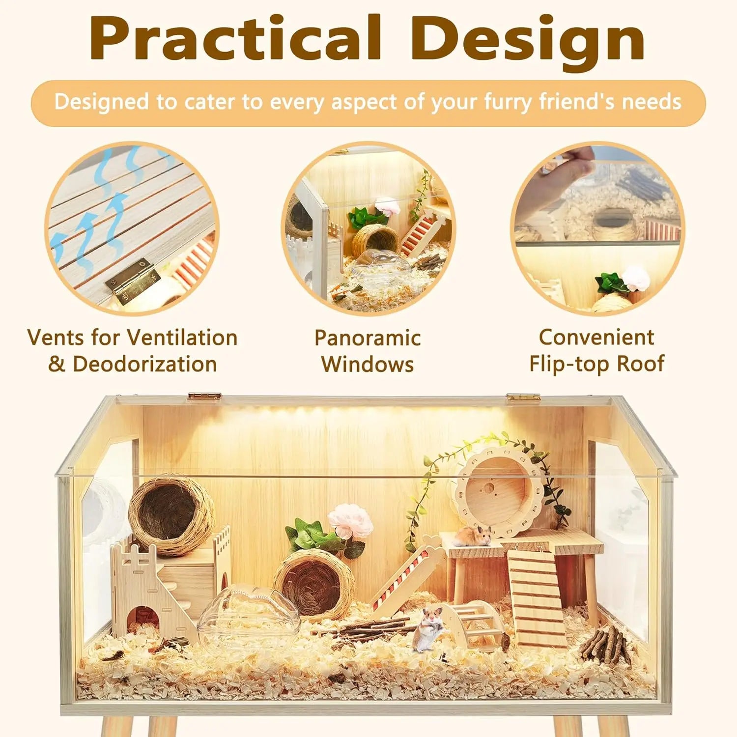 Spacious Hamster Cage with Legs, Chew-Proof Wooden Habitat, 40" L x 20" W x 47.6" H