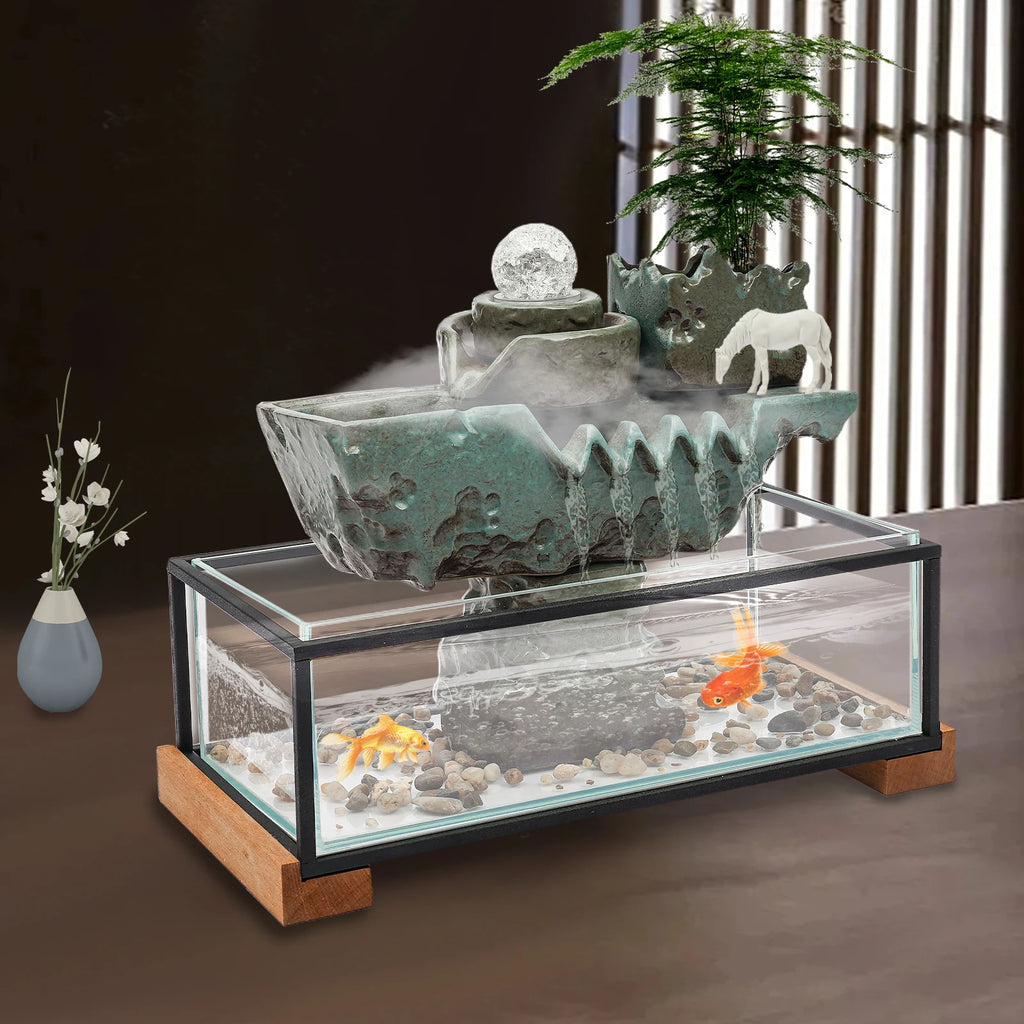 Clear Tabletop Eco Fish Tank Water Fountains,Rectangular Indoor Water Fall Decor for Meditation with Mist