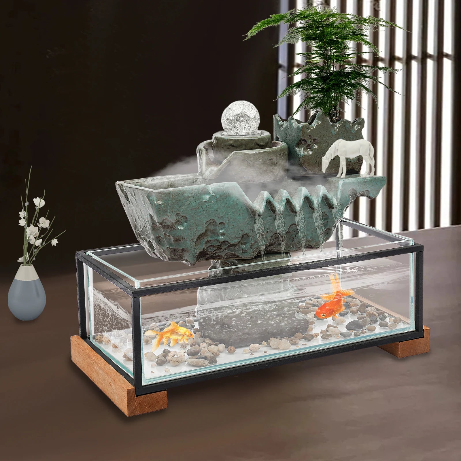 Clear Tabletop Eco Fish Tank Water Fountains,Rectangular Indoor Water Fall Decor for Meditation with Mist